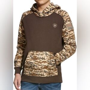 Ariat Patriot Hoodie Brown Camo Boys Kids 14/16 American Flag Embroidered